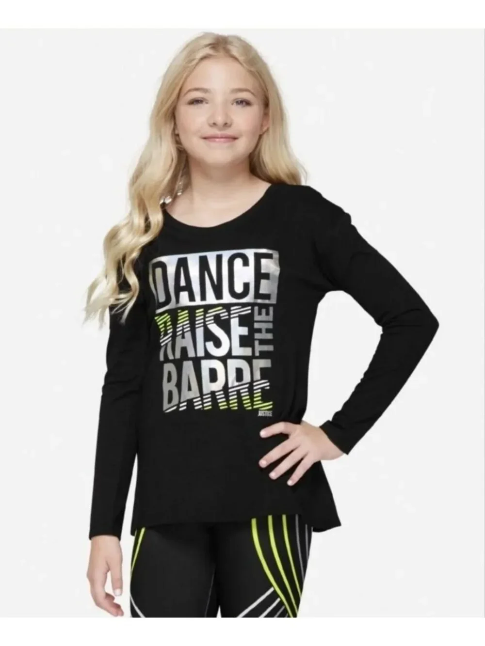 Justice Girls 10 Long Slv Top Black Dance Raise The Barre Silver Strappy Back